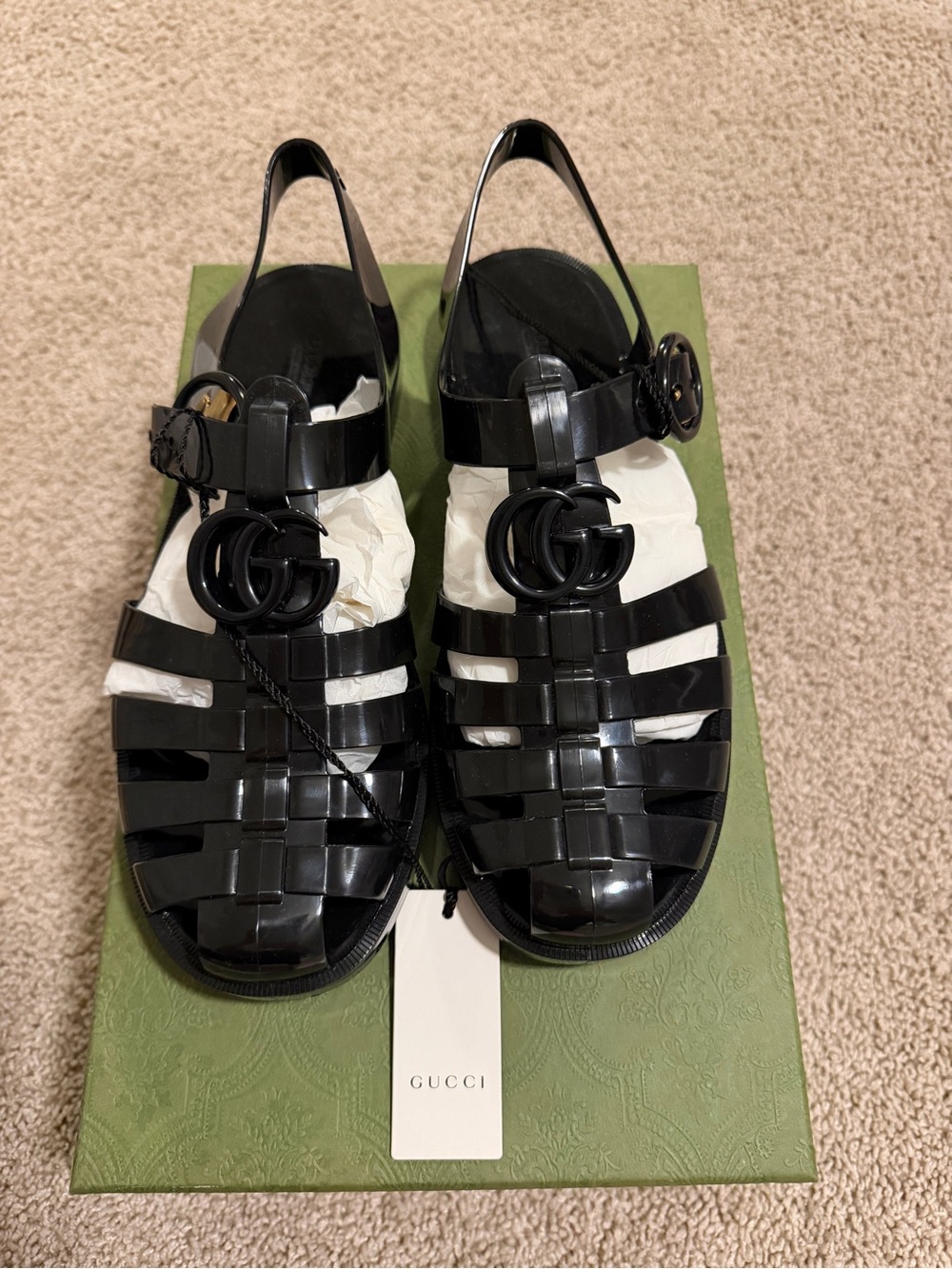 Gucci Black Glossy Interlocking GG Fisherman Sandals